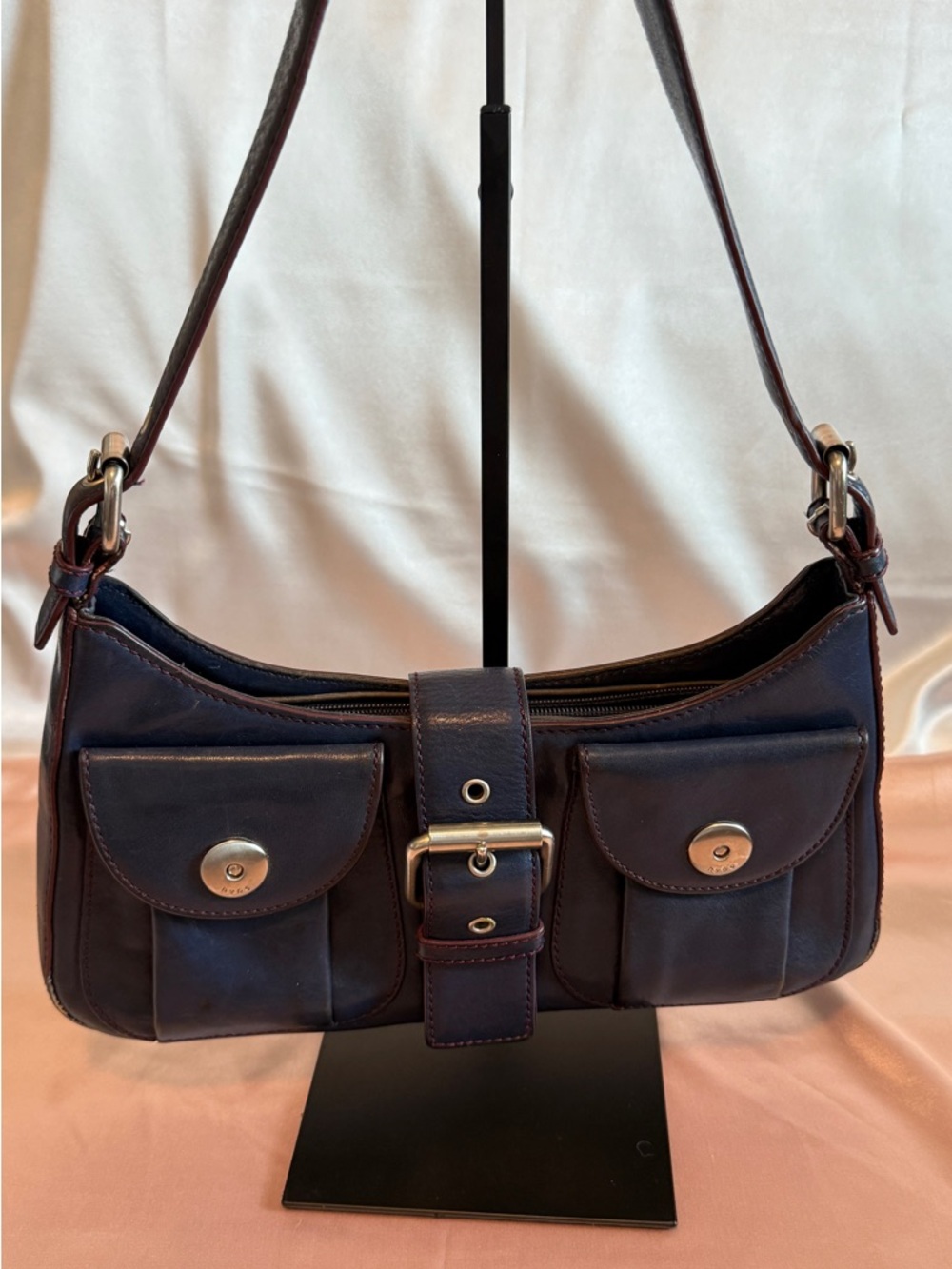 Hype Navy and Dark Brown Leather Shoulder Bag